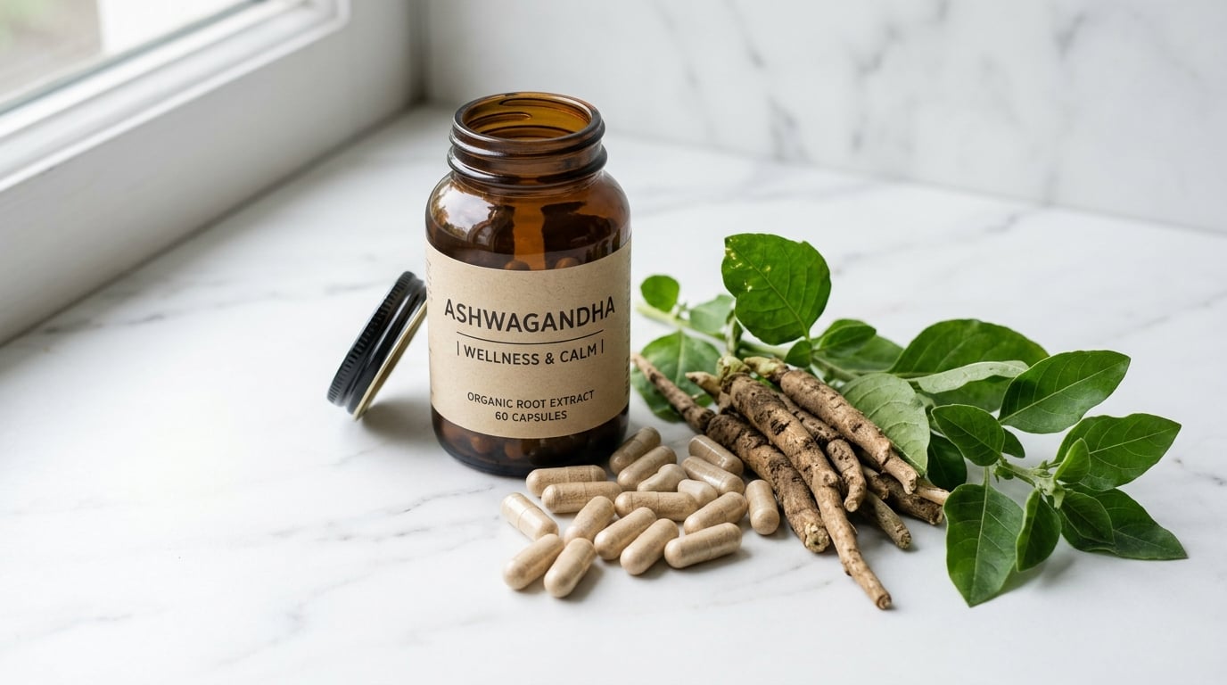 Supplement capsules naast verse ashwagandha wortels en groene blaadjes