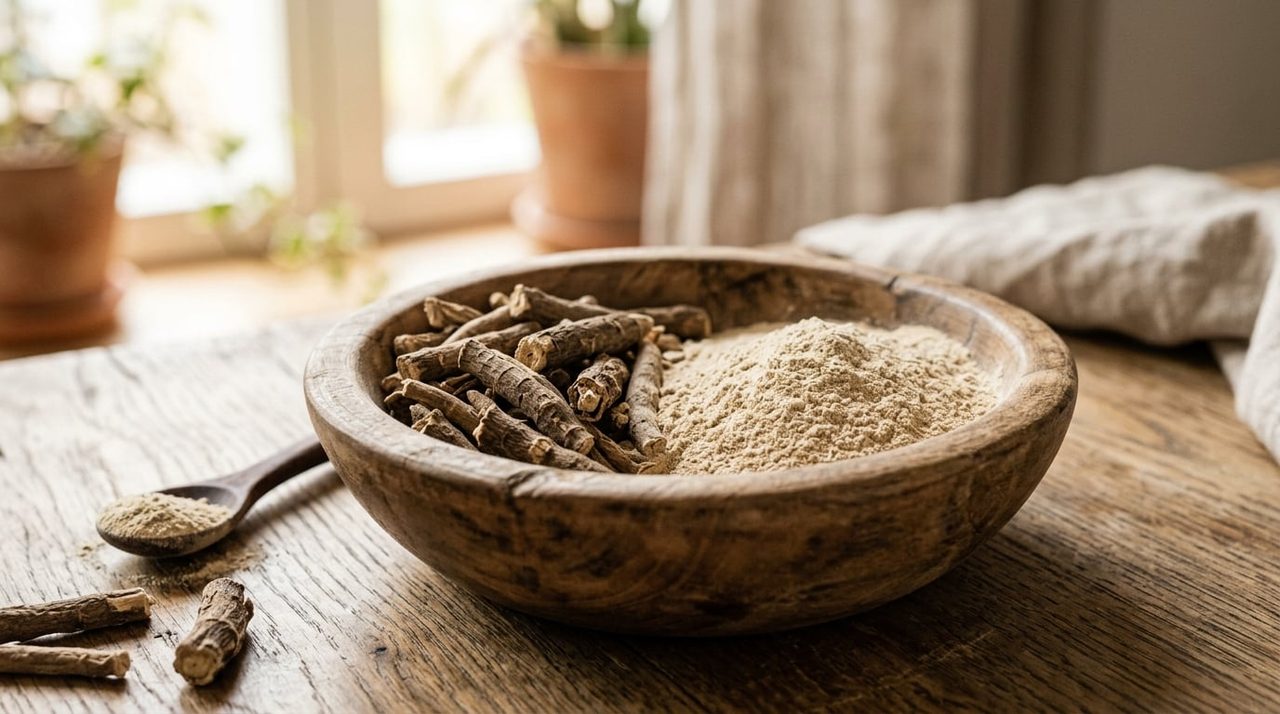 Ashwagandha wortel en poeder in een houten kom op een natuurlijke tafel