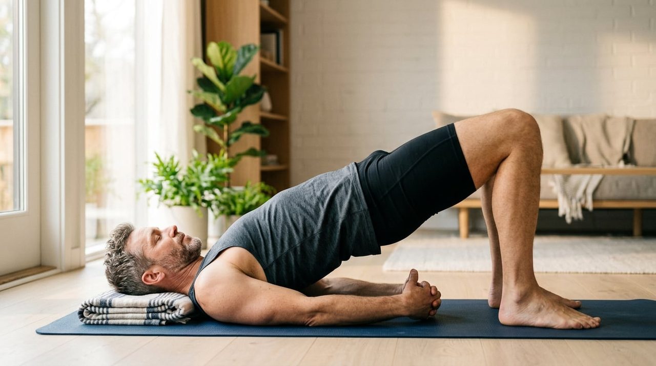 Fitte man doet bekkenbodem- of yoga-oefening op een matje thuis