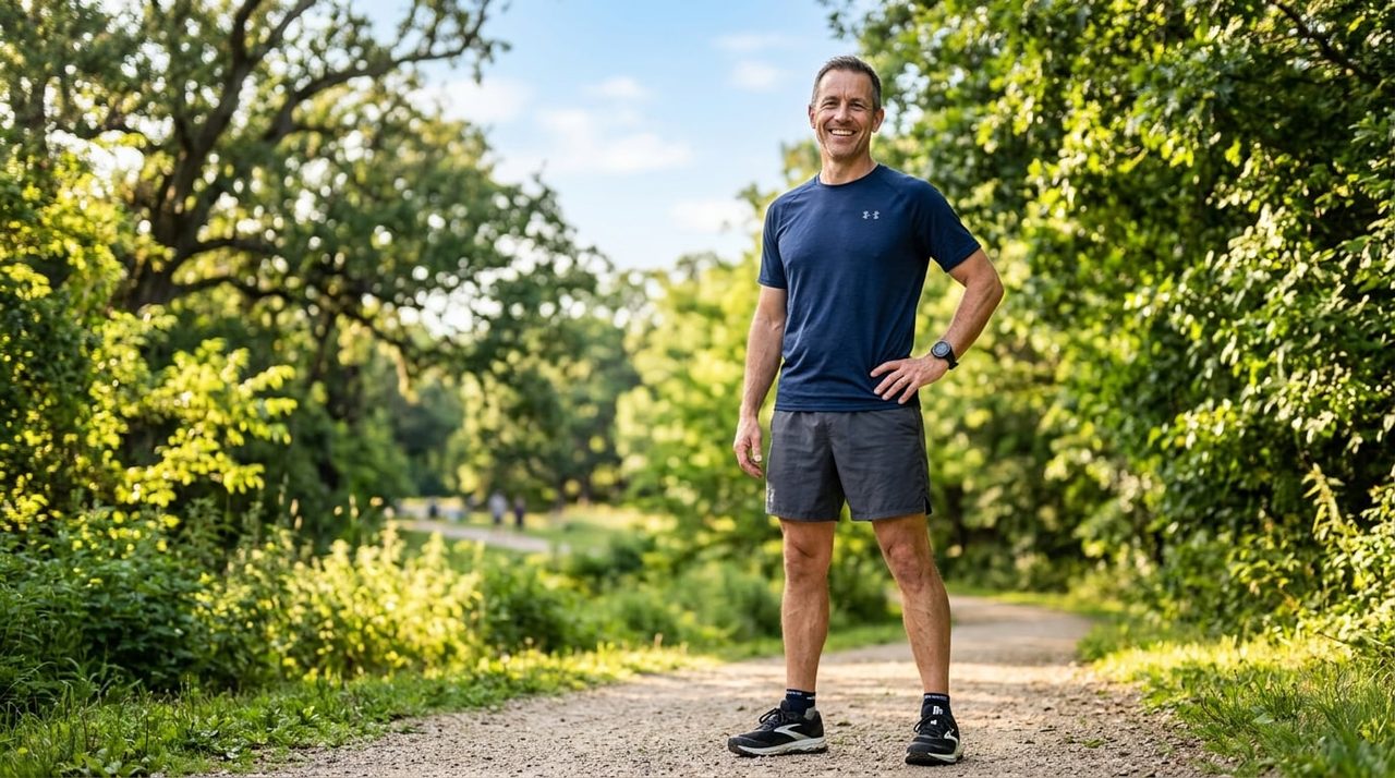 Energieke gezonde man van middelbare leeftijd buiten in de natuur