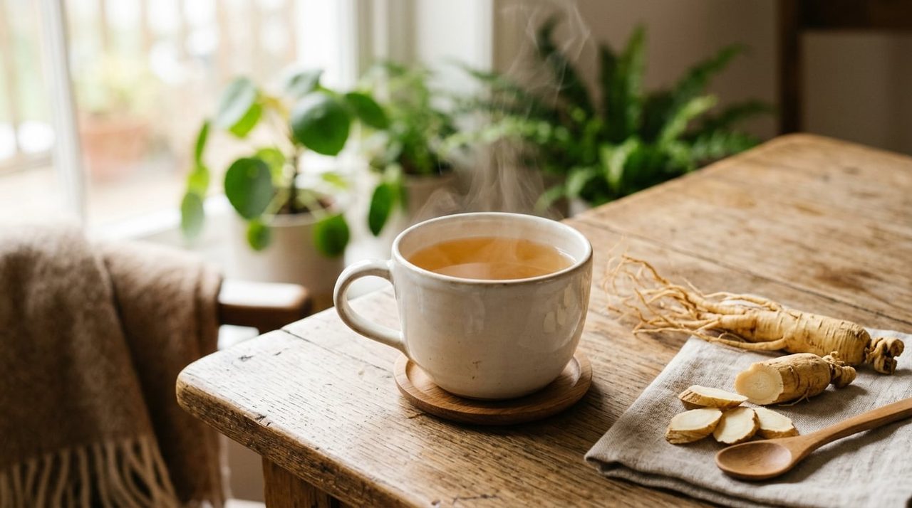 Dampende kop ginseng thee met een ginseng wortel ernaast