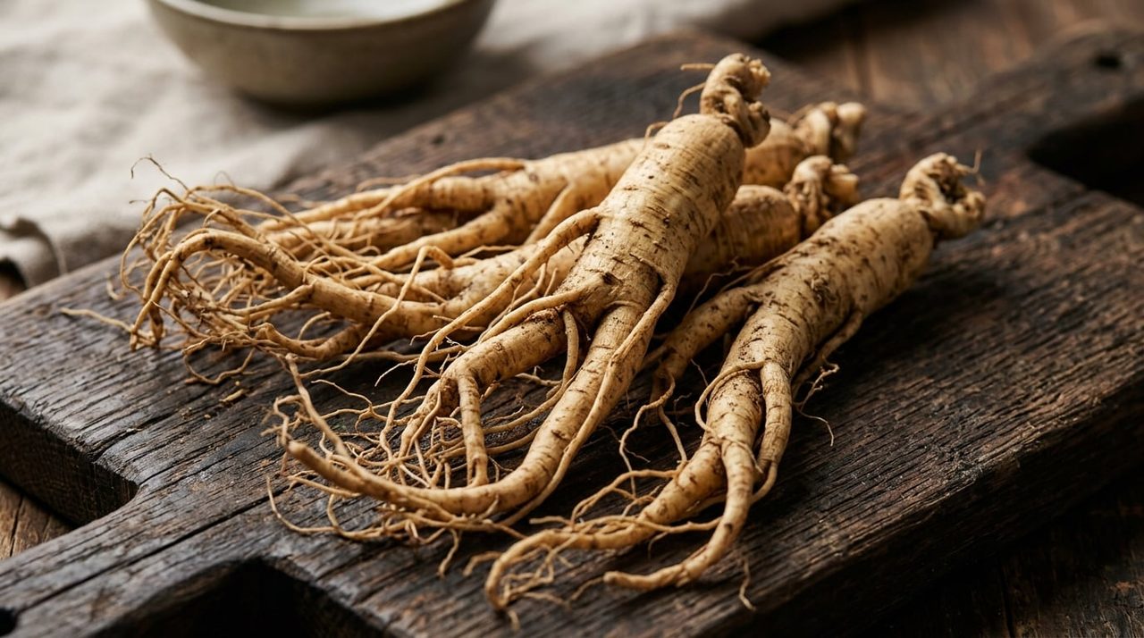 Verse ginseng wortels met kenmerkende vorm op een rustieke houten plank