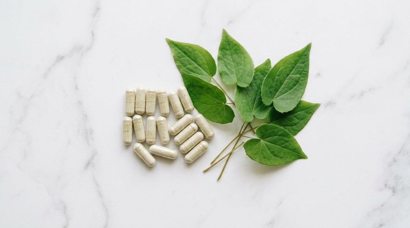 Kruidencapsules naast verse groene blaadjes op een neutrale ondergrond