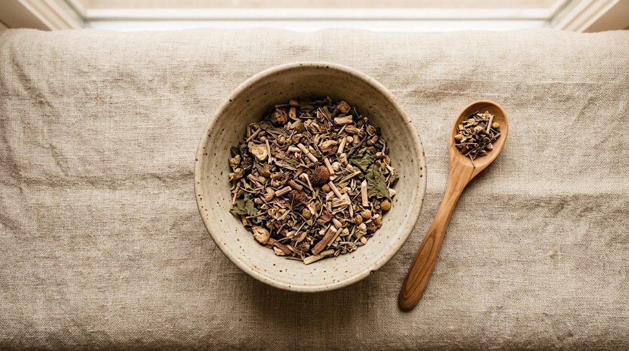 Gedroogd kruidensupplement in een kom met houten lepel