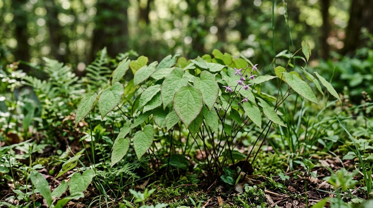 Epimedium plant (horny goat weed) met hartvormige groene blaadjes in de natuur