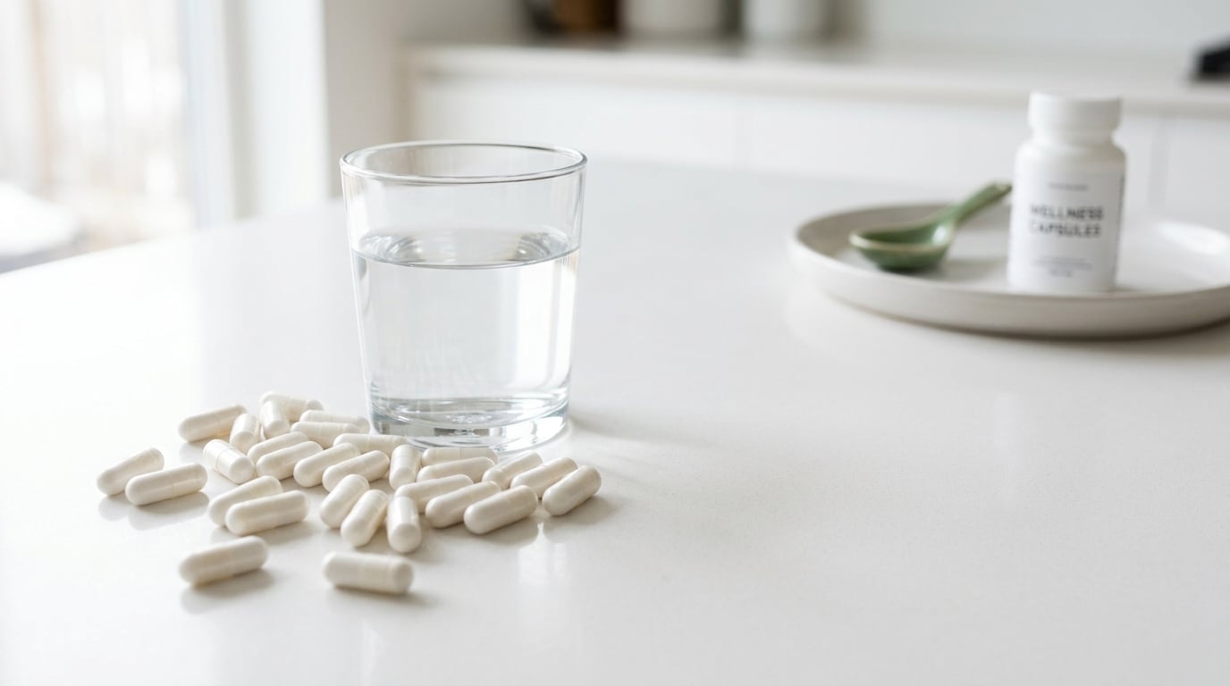 L-arginine supplement capsules naast een glas water op een schone ondergrond
