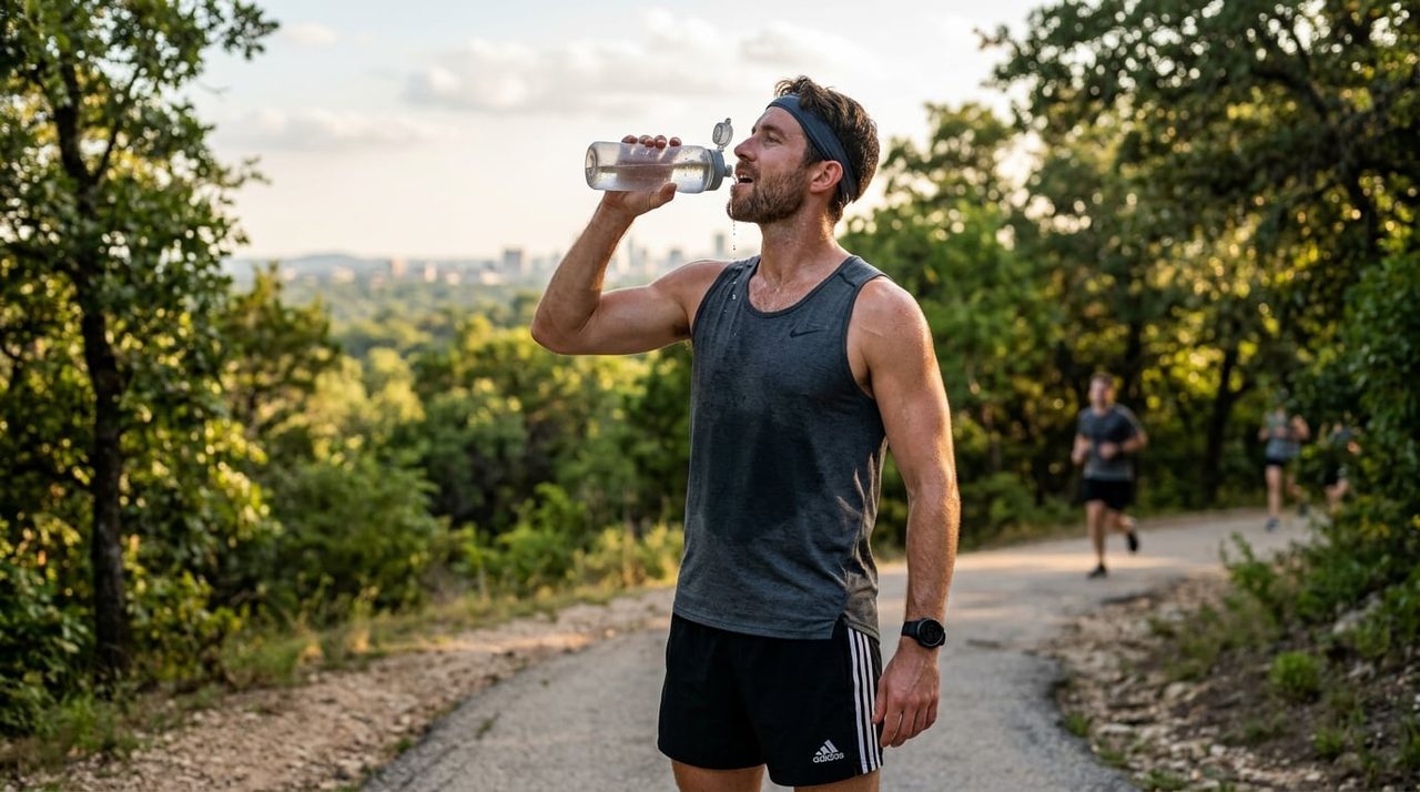 Fitte man drinkt water na het sporten in natuurlijk daglicht