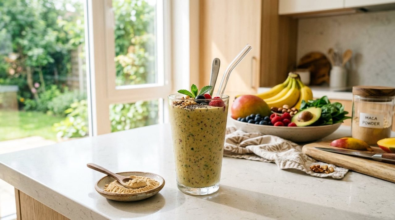 Gezonde smoothie met maca poeder op een keukenblad