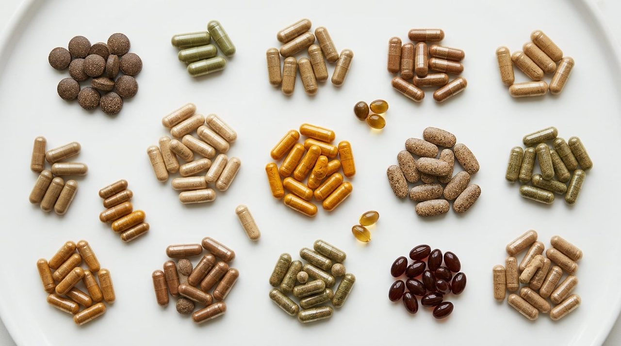 Assortiment natuurlijke kruidensupplement capsules op een witte ondergrond