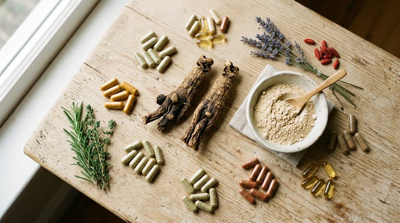 Natuurlijke kruiden en wortels zoals ginseng en maca met capsules