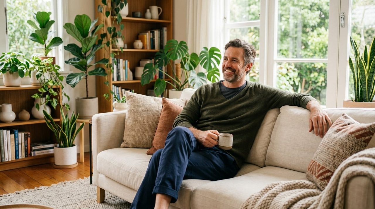 Zelfverzekerde ontspannen man thuis op de bank