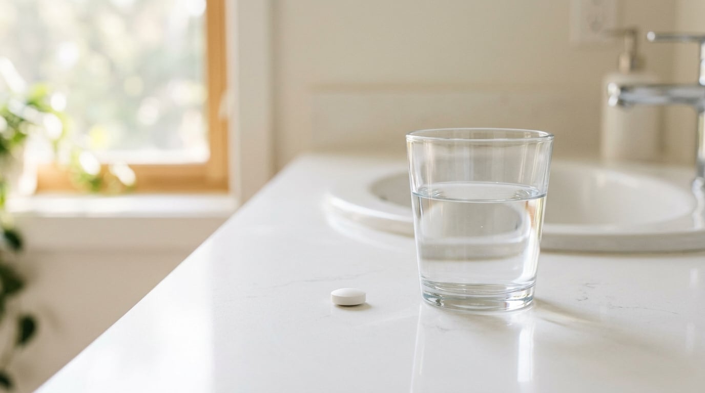 Witte dapoxetine tablet naast een glas water op een schone ondergrond