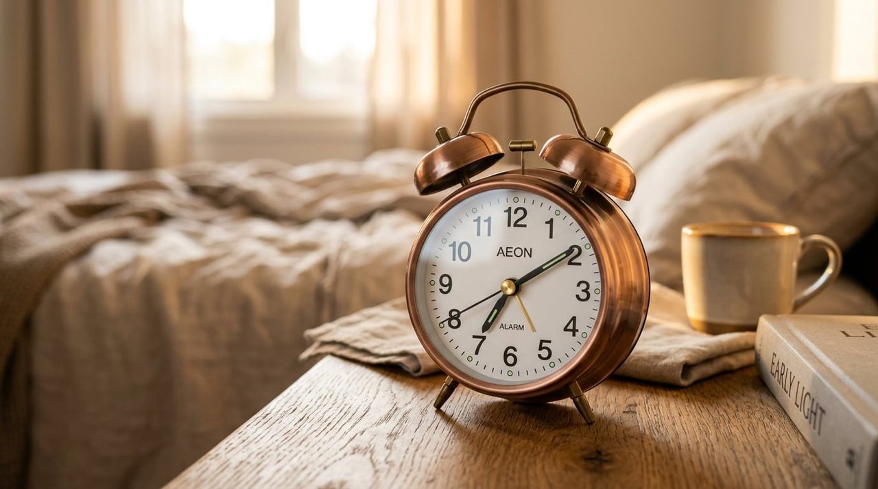 Wekker op een nachtkastje als symbool voor timing en controle