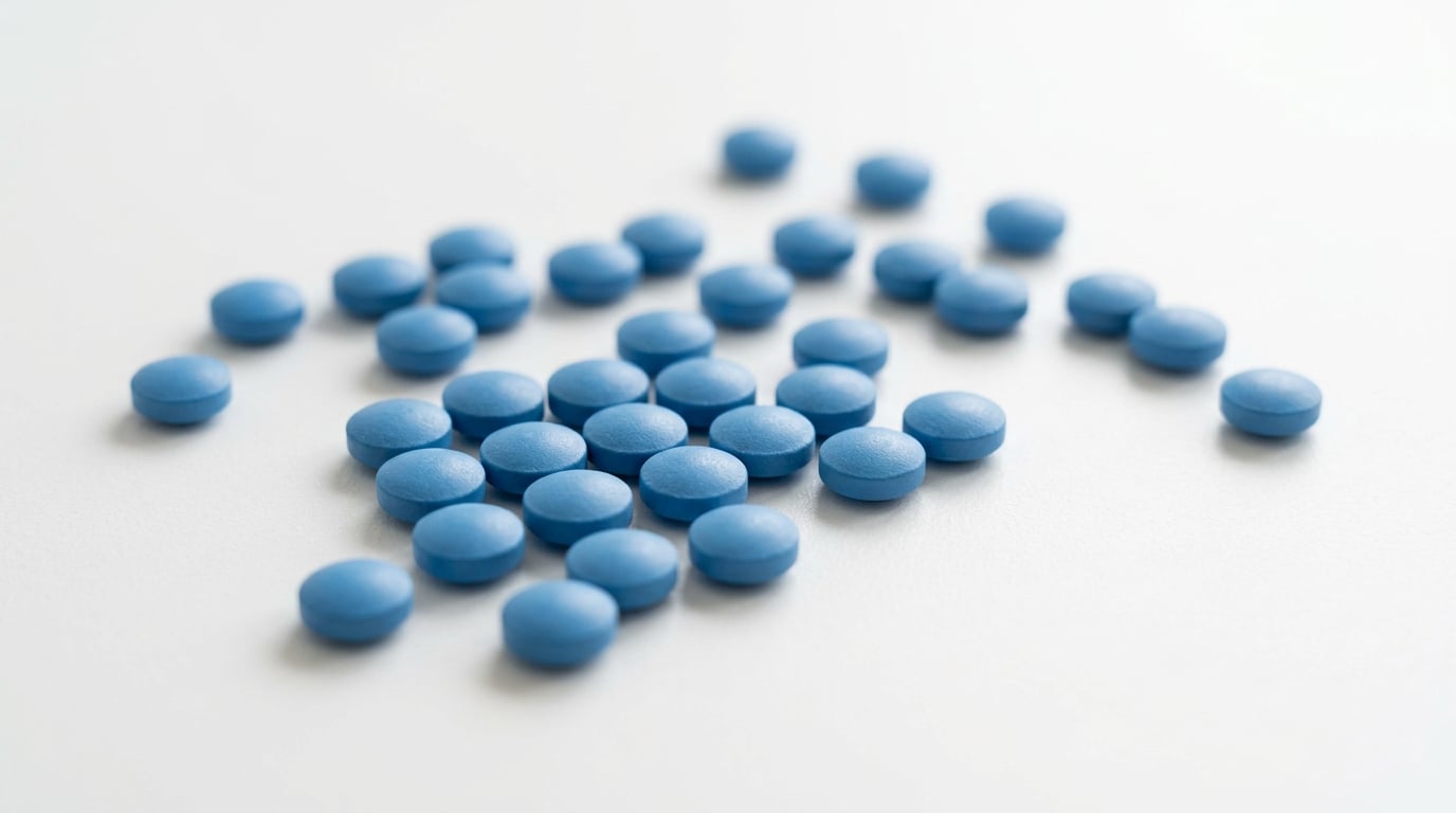Macro close-up van kleine blauwe sildenafil tabletten op een witte ondergrond