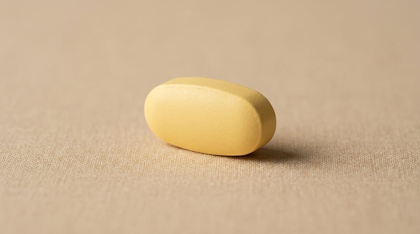 Macro close-up van een ovale gele tadalafil tablet op een neutrale ondergrond