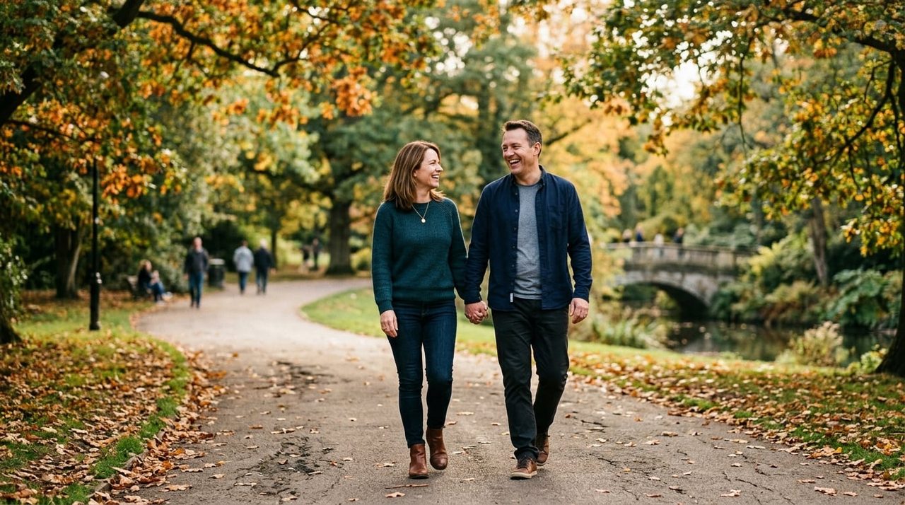 Gelukkig stel maakt samen een ontspannen wandeling in het park
