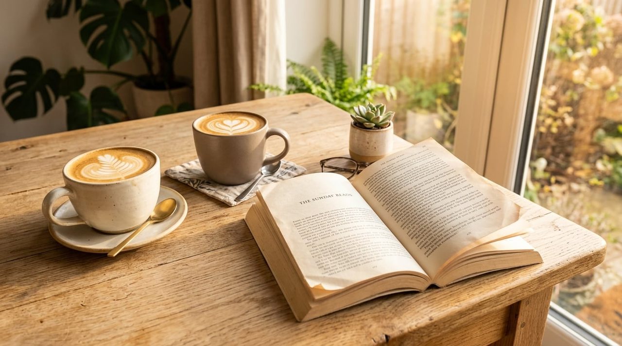 Gezellige weekendsfeer met koffie en een boek in het ochtendlicht
