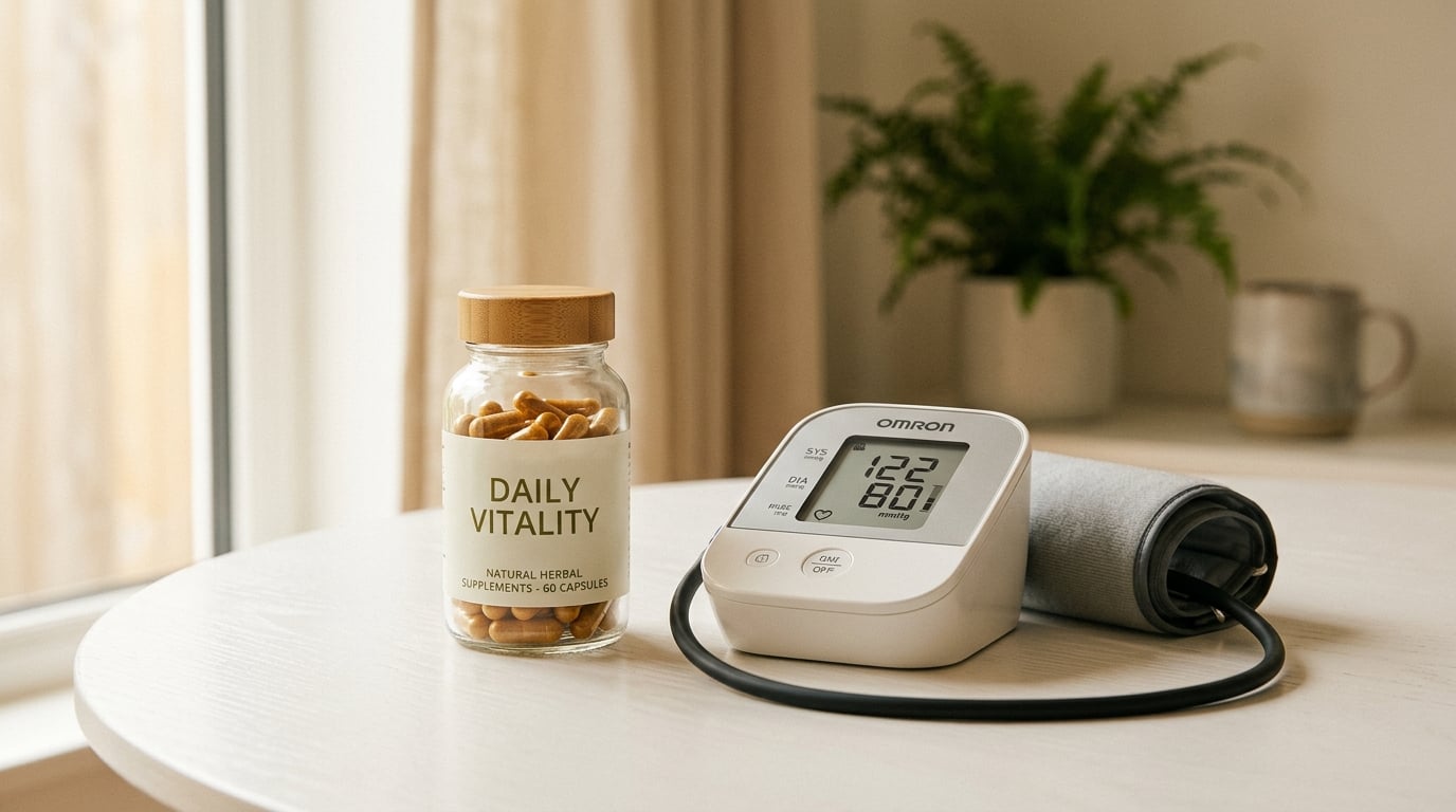 Supplement capsules naast een bloeddrukmeter op tafel als waarschuwing