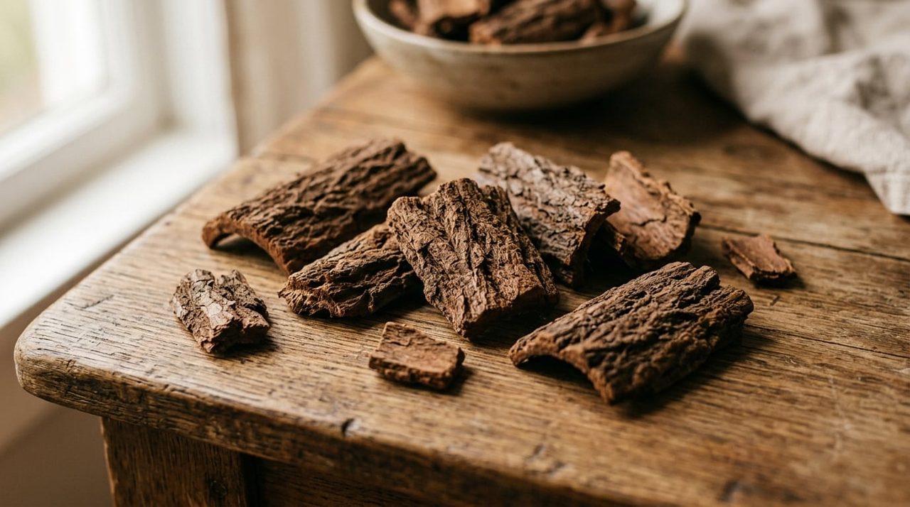 Stukken yohimbe boombast op een rustieke houten ondergrond