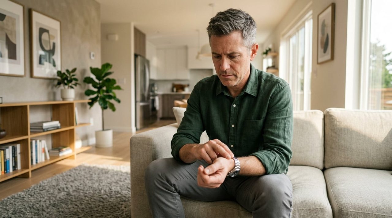 Bezorgde man van middelbare leeftijd controleert zijn hartslag