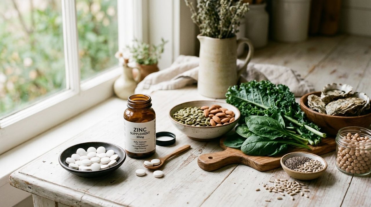 Zink supplement tabletten naast gezonde zinkrijke voedingsmiddelen