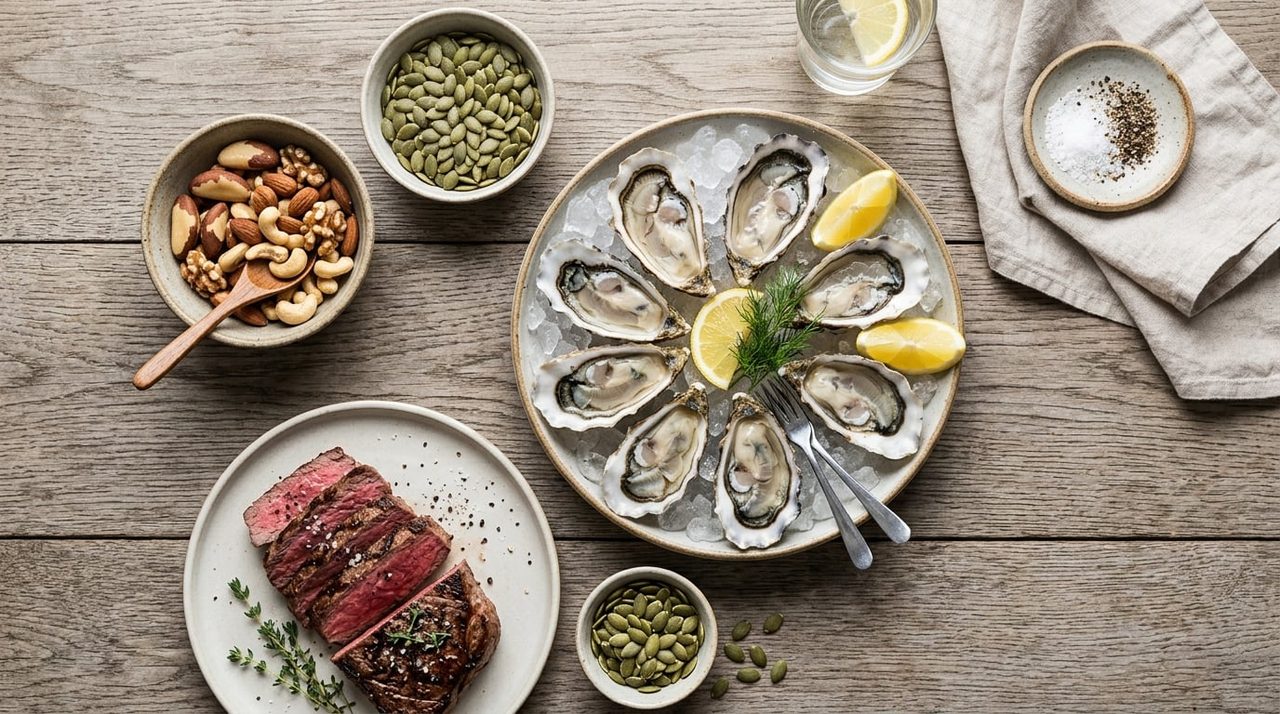 Flat-lay van zinkrijke voeding zoals oesters, noten, zaden en vlees