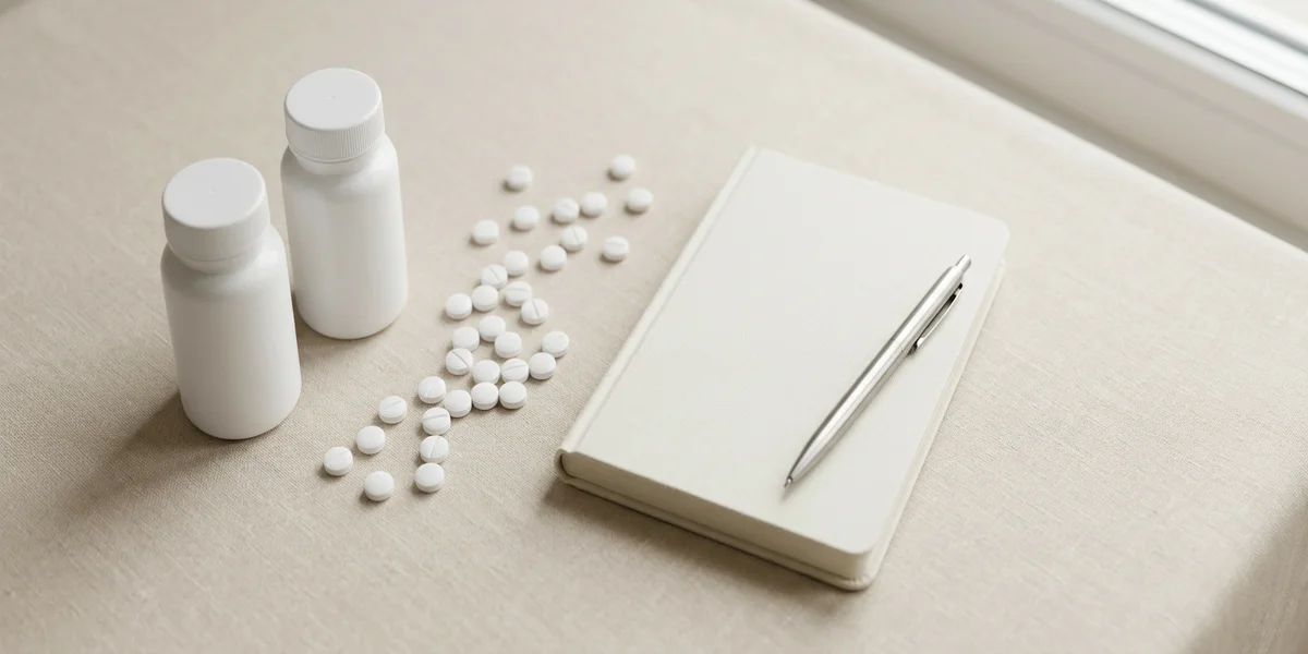 Twee blanco medicijnpotjes en losse tabletten naast een notitieblok: erectiepillen combineren met antidepressiva