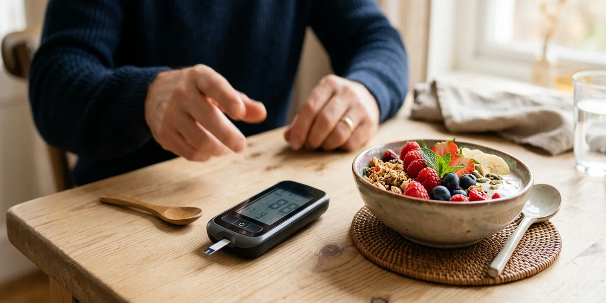 Bloedglucosemeter naast een gezond ontbijt: erectieproblemen en Kamagra bij diabetes