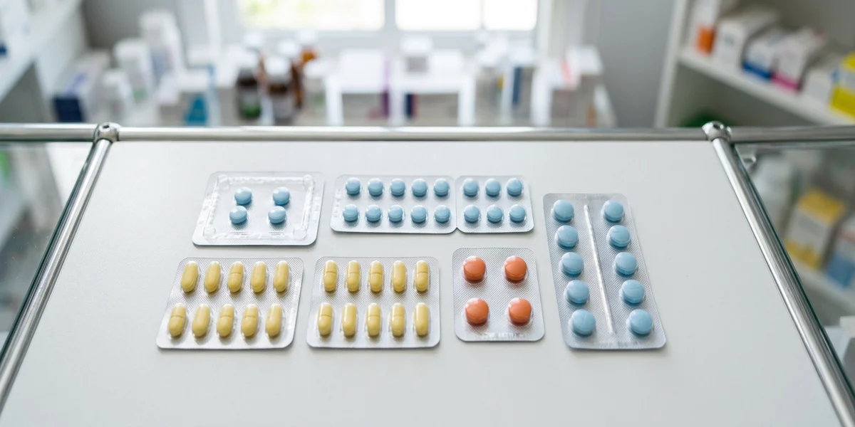 Verschillende erectiepillen met sildenafil, tadalafil, vardenafil en dapoxetine naast elkaar vergeleken