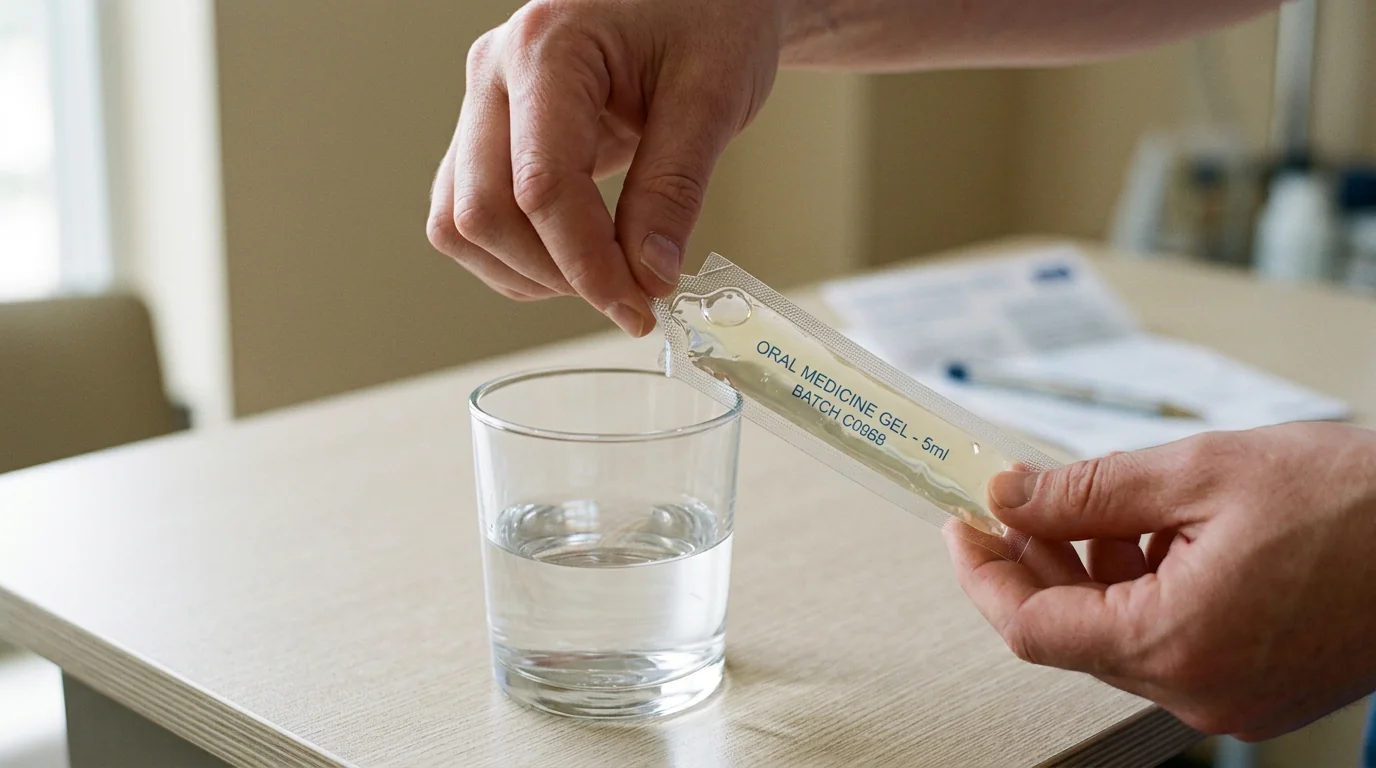 Hand die een sachet Kamagra Oral Jelly opent boven een glas water