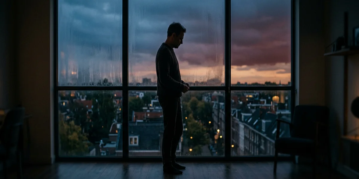 Man alleen bij een raam in de schemering: stress, angst en psychische erectieproblemen